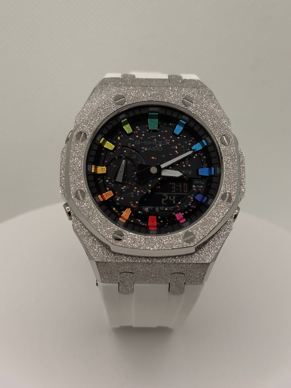 G-Shock Silver Glitter Case with White Band and Rainbow Markers
